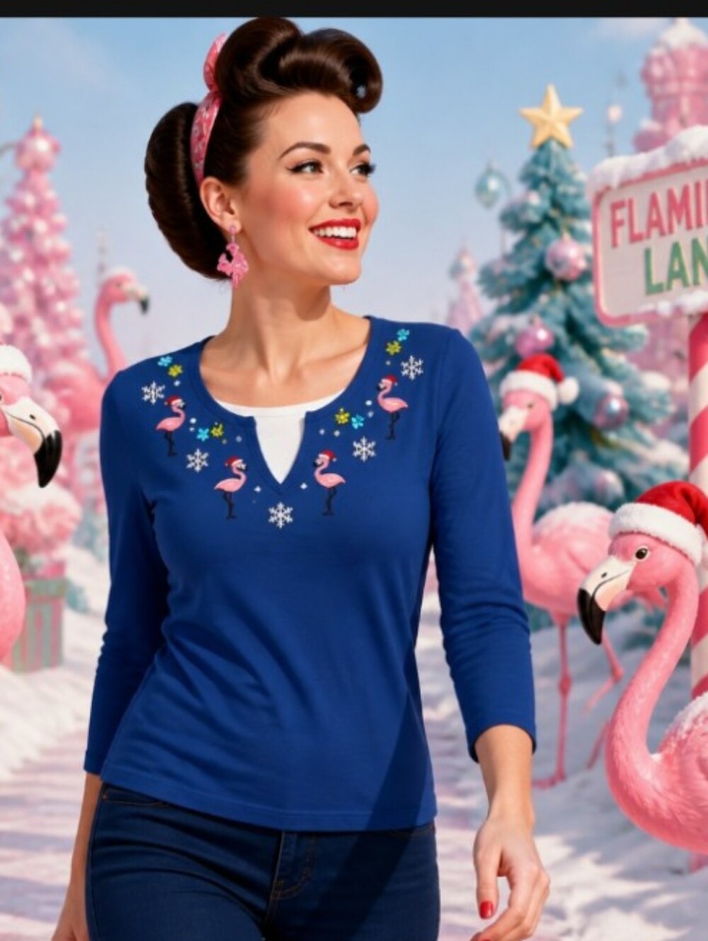 CB casual Royal Blue Long Sleeve Top with Pink Flamingo Embroidery